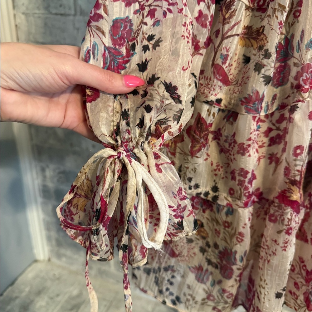 Free People Floral Tiered V-Neck Long Sleeve Dress in Cream and Pink - Picture 5 of 9